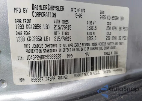 2005 Dodge Grand Caravan Se z USA, uszkodzony, nr VIN 1D4GP24R65B388929